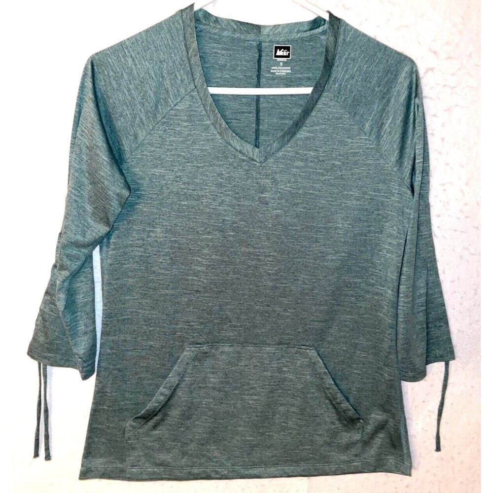 REI Women's S Blouse Pullover Top 3/4 Sleeve Heathered Knit Green Pocket V-neck